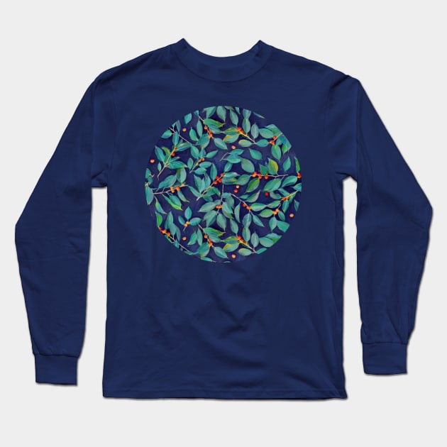 Leaves + Berries in Navy Blue, Teal & Tangerine Long Sleeve T-Shirt by micklyn